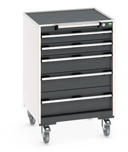 Bott Cubio 5 Drawer Mobile Cabinet with external dimensions of 650mm wide x 650mm deep  x 985mm high. Each drawer has a 50kg U.D.L. capacity with 100% extension and the unit also features drawer blocking and safety interlocks.... Bott Mobile Storage 650mm x 650mm Industrial Tool Trolleys
